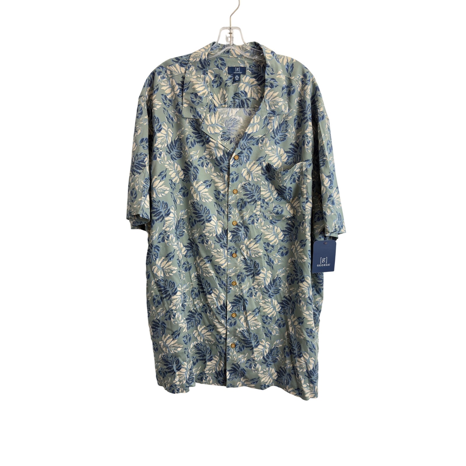 George Mens 3xl Short Sleeve Viscose Camp Shirt Tropical Leaf Print Green Blue